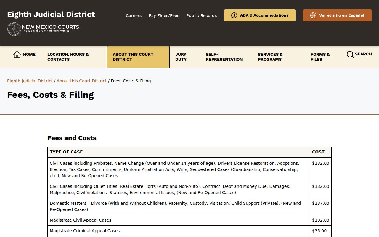 Union County court case records Eighth Judicial District fees and costs schedule